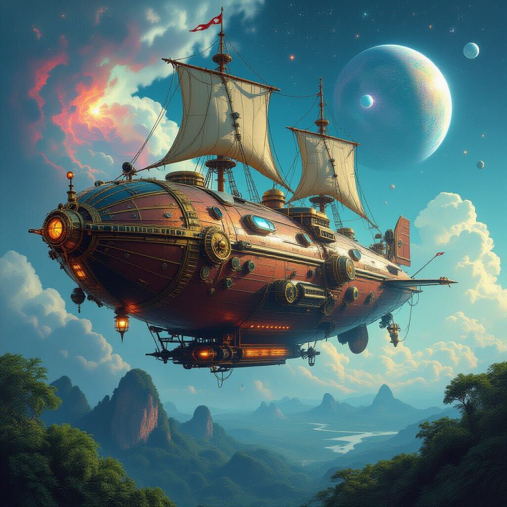 Steampunk Airship Soaring Through Celestial Nebula