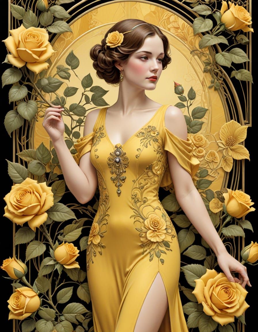 Art Deco Lady in Yellow with Roses Panel