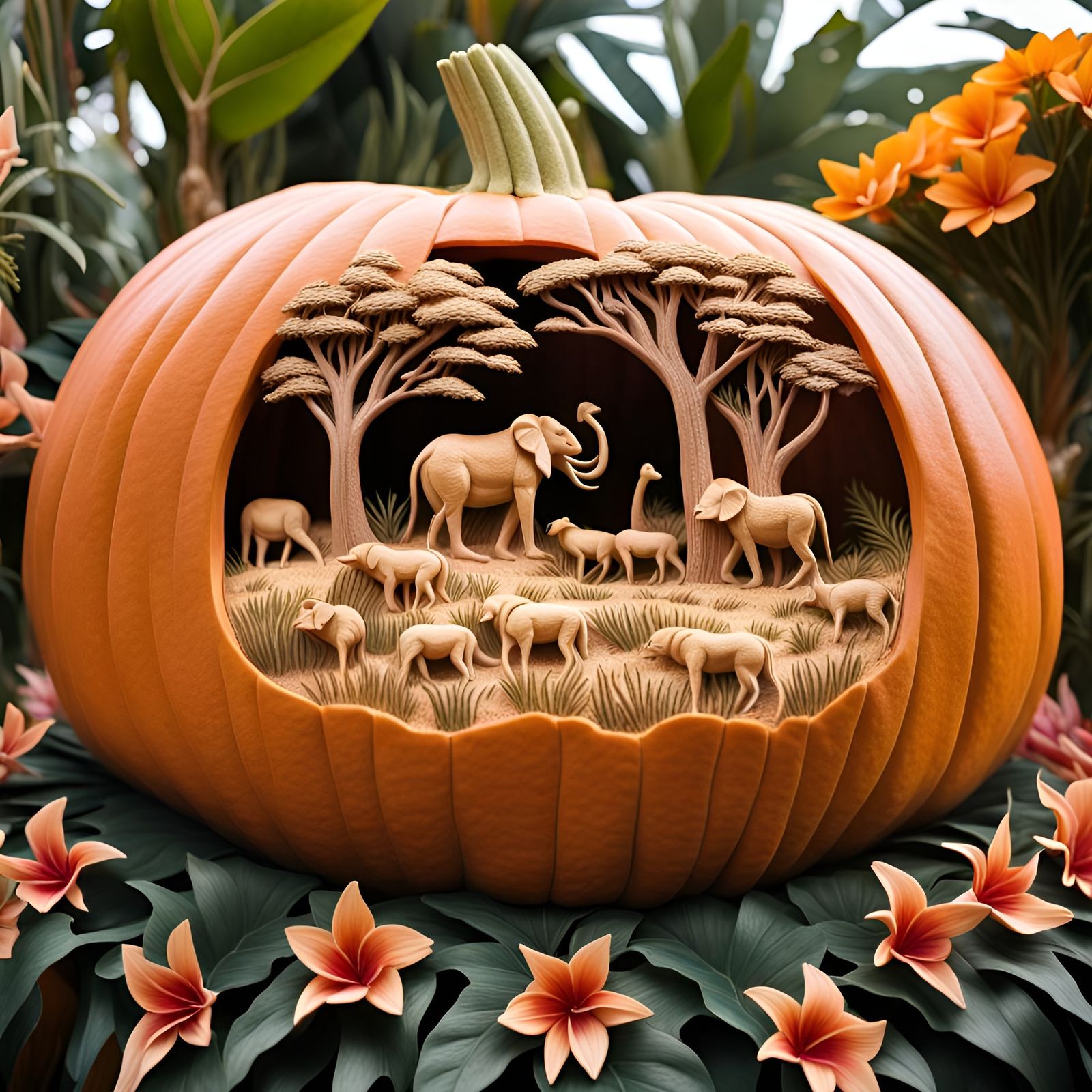Mini Serengeti Carved in Pumpkin with Tropical Flowers