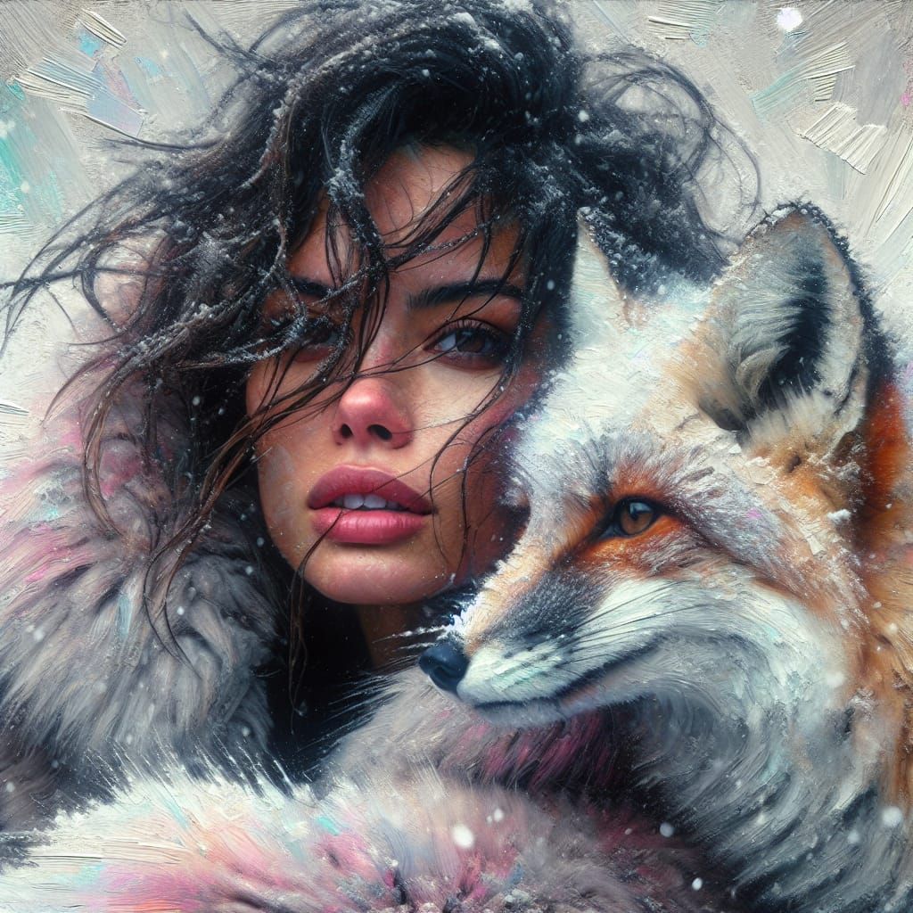 Woman and Arctic Fox in Winter Storm