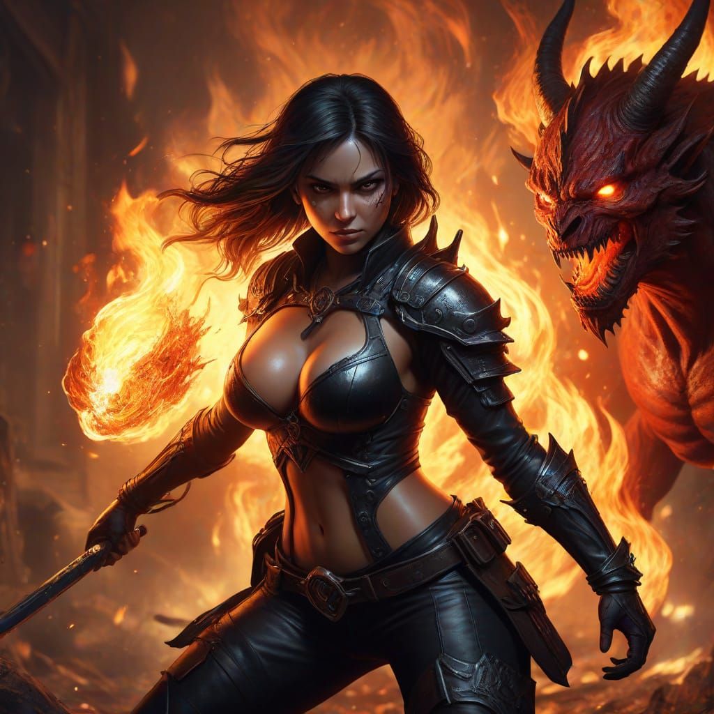 Sultry Shadow Hunter Battles Fiery Demon in Hyperrealistic A...