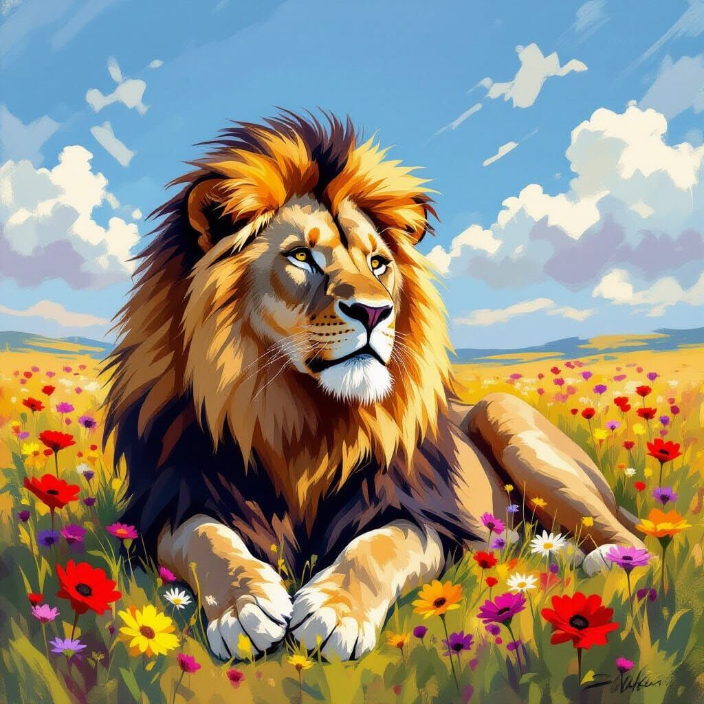 Lion in Wildflowers: Impressionistic Painting