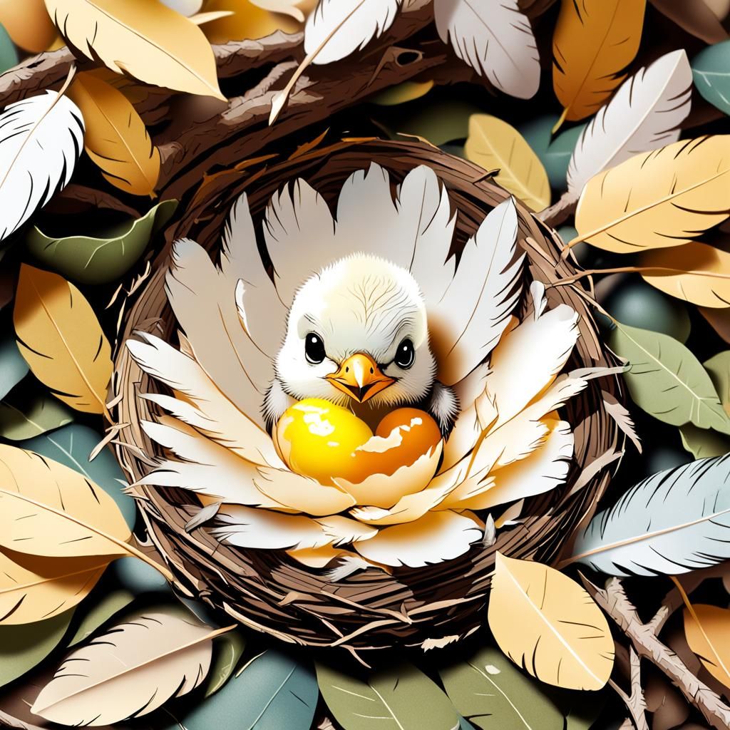 Newborn Bird Hatching in a Nest, Watercolor