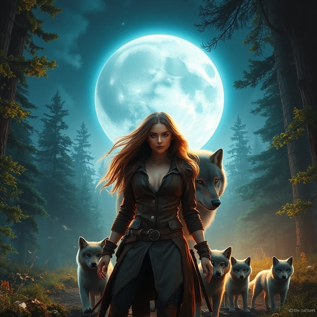 Woman with Wolves Under a Mystical Moon