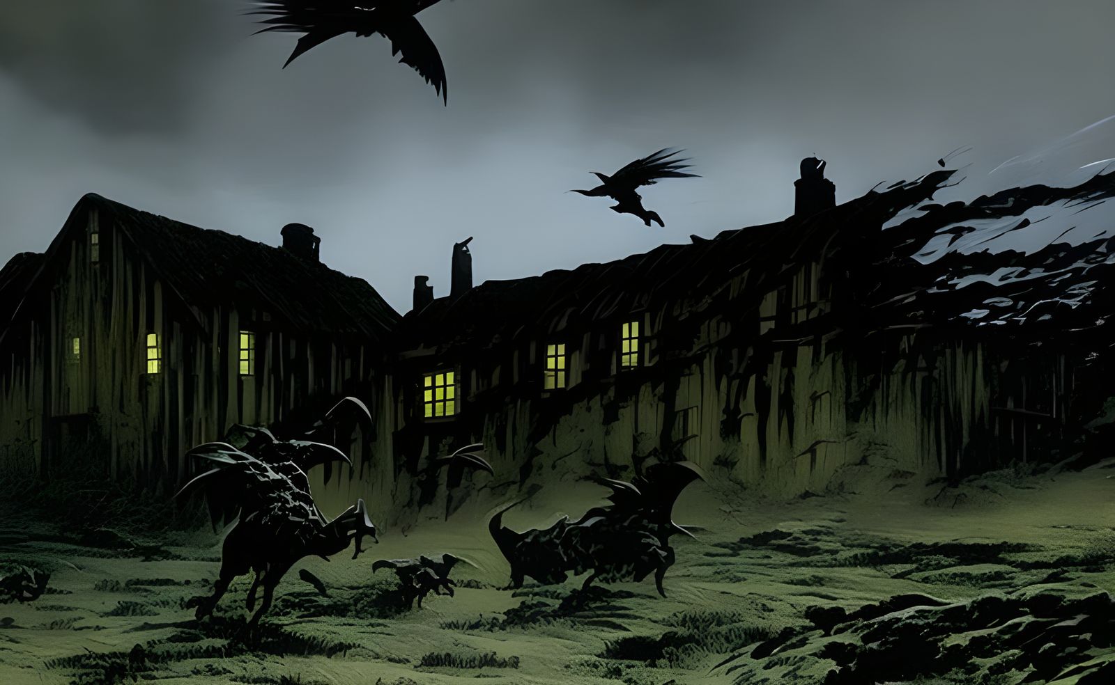 Monstrous Winged Creatures Fly Over Farmhouse: Comic Art