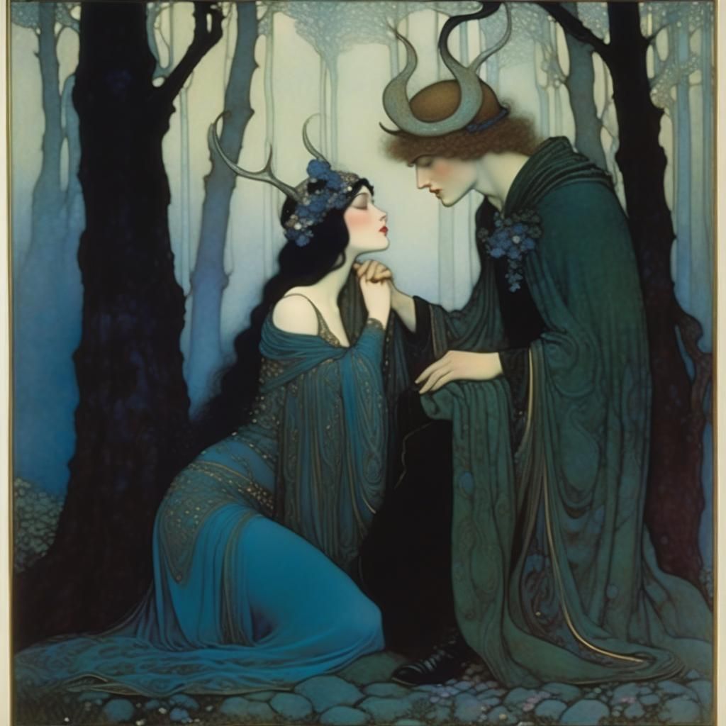 Man with Antlers Holds Girl's Face in Forest