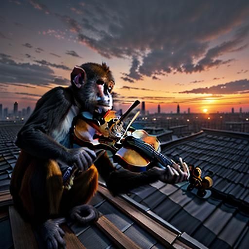 Monkey Violinist at Sunset: Hyperrealistic Image