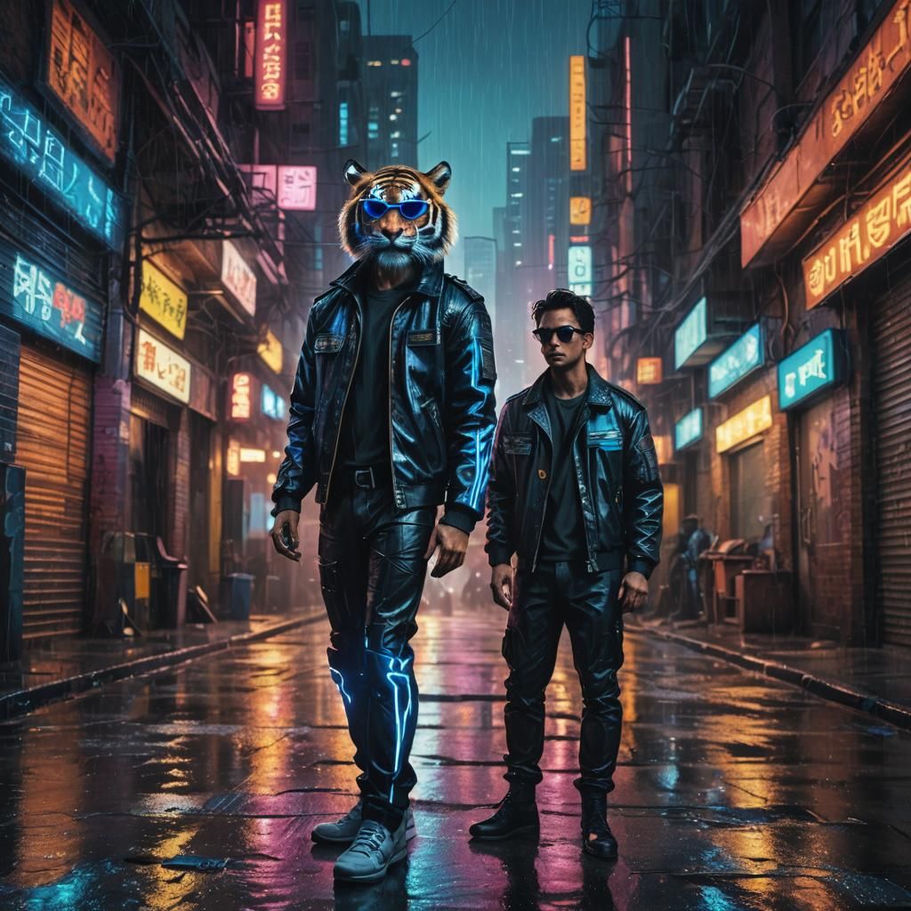 Cyberpunk Tiger in Rainy Neon Alleyway