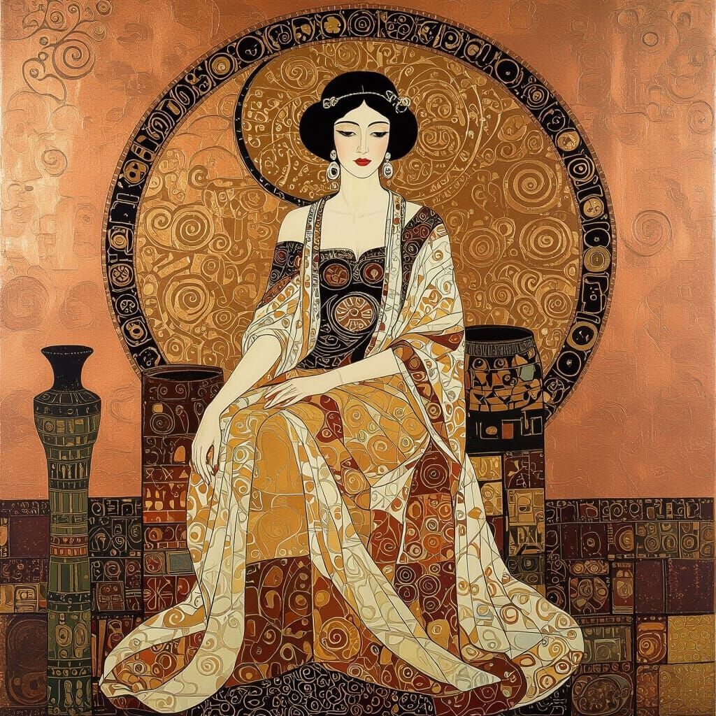 Ornate Woman with Ancient Artifacts in Impasto Style