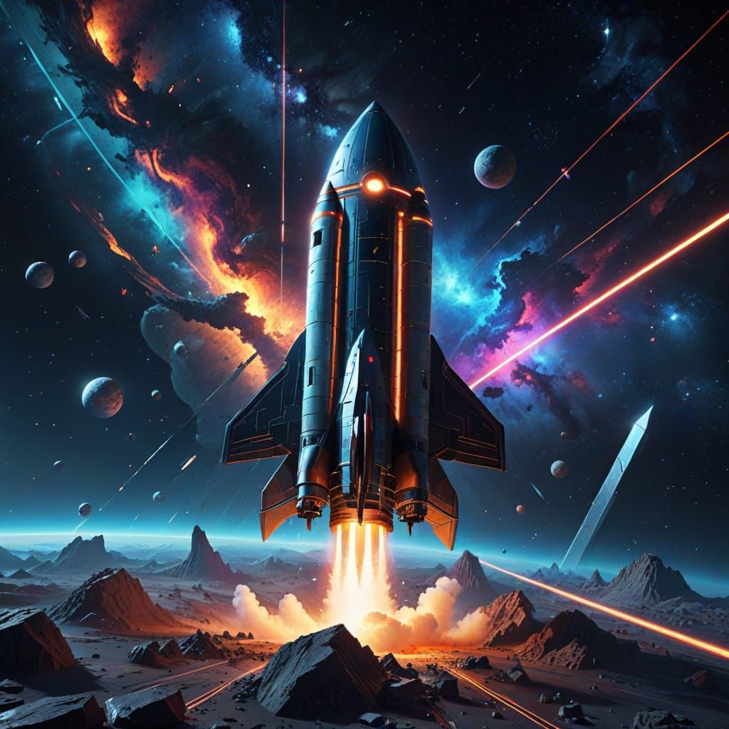 Subject in Cosmic Neo-Cubist Rocket Ship Scene