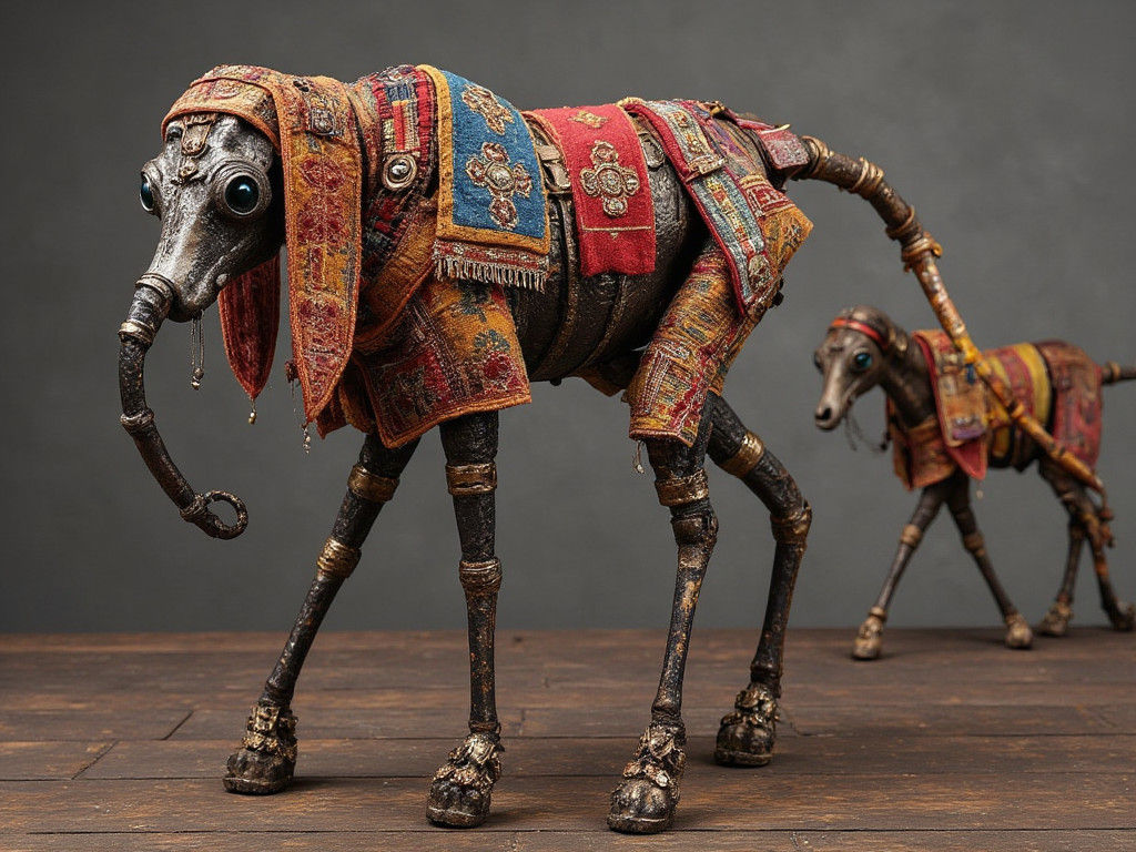 Surreal Feathered Figures Dancing in Steel Pin-Art Style