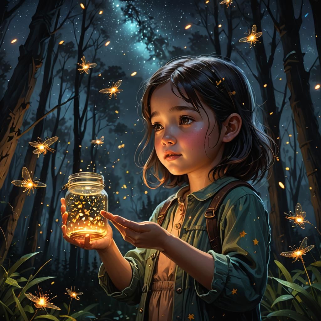 Girl with Fireflies in Forest at Night