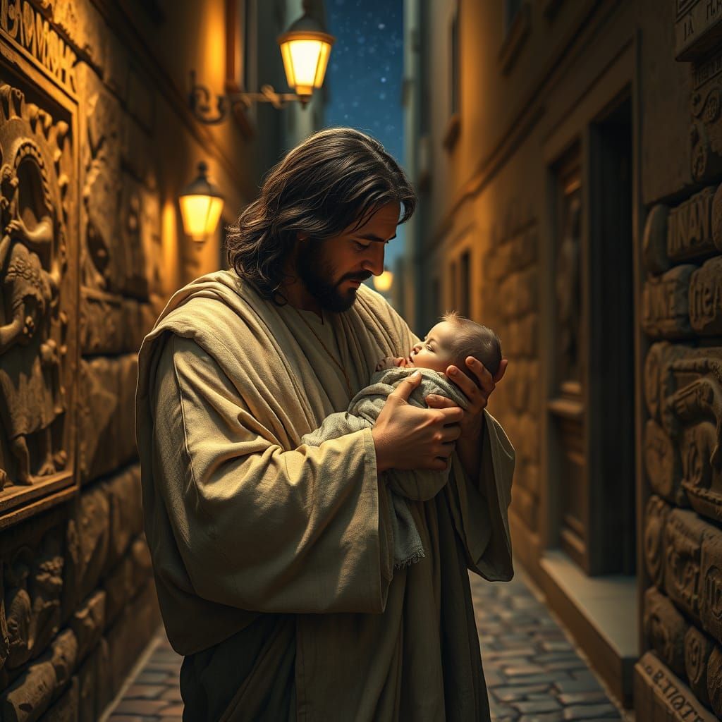 Jesus Tenderly Kisses a Baby's Forehead in a Dimly Lit Alley