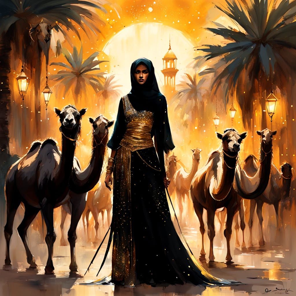 Arabic Assassin Girl with Daggers in Watercolor Style