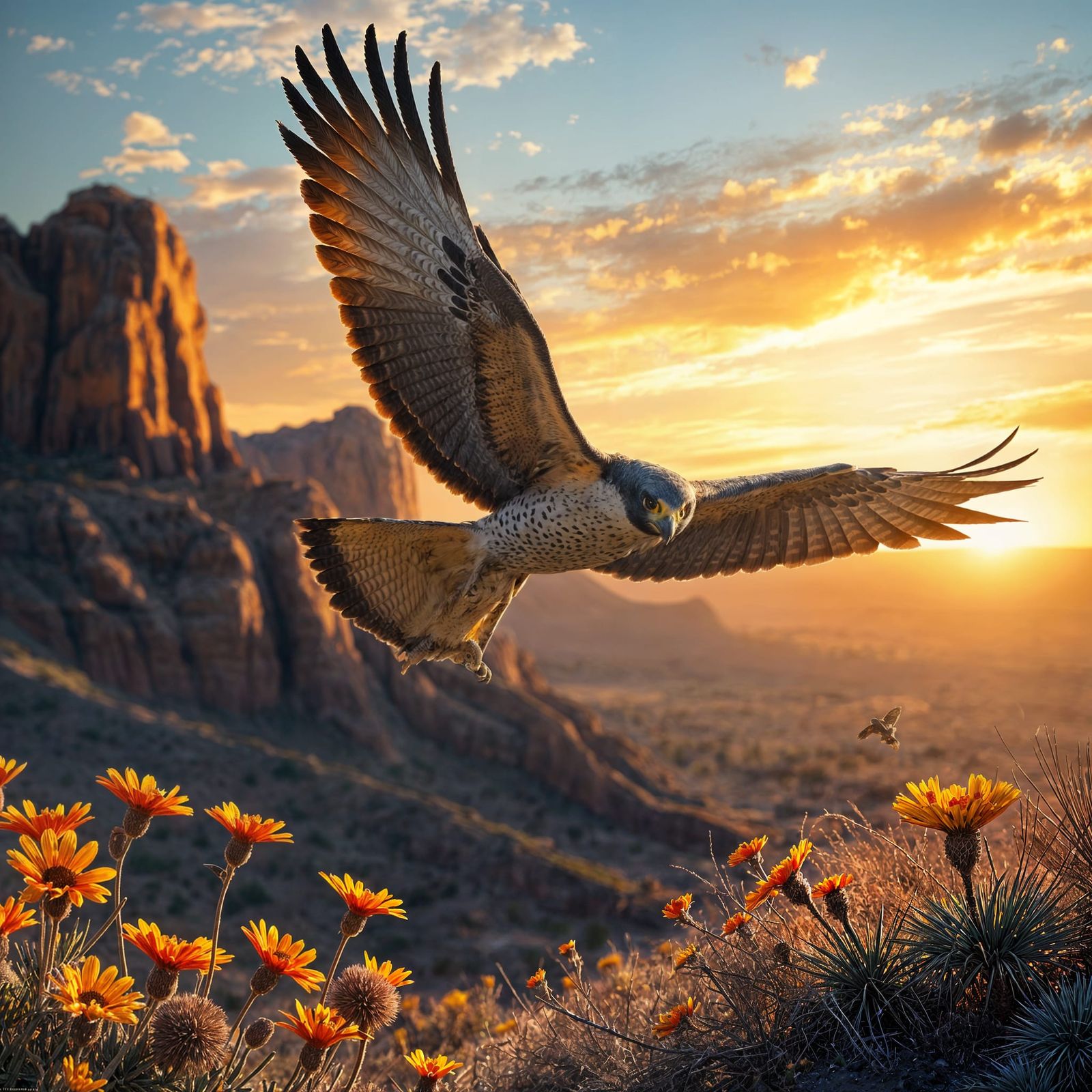 Peregrine Falcon Sunset Flight: Hyperrealistic Splash Art