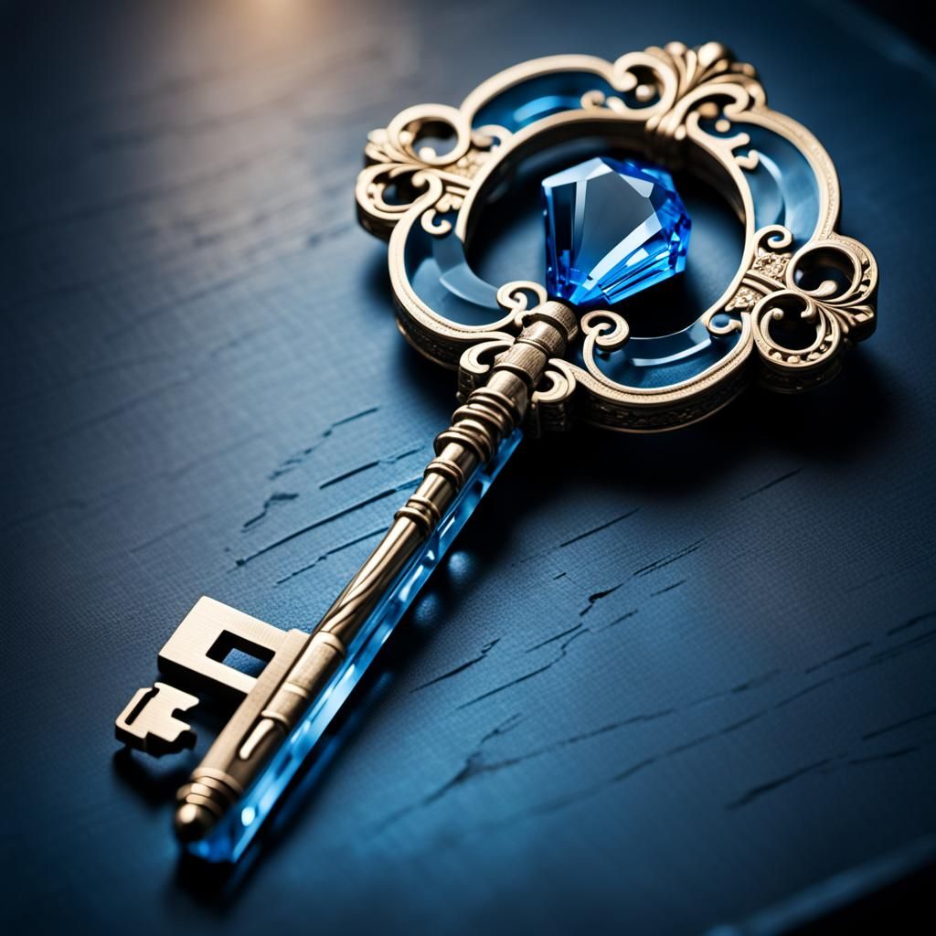 Elaborate Blue Crystal Key in Hyperrealistic Style