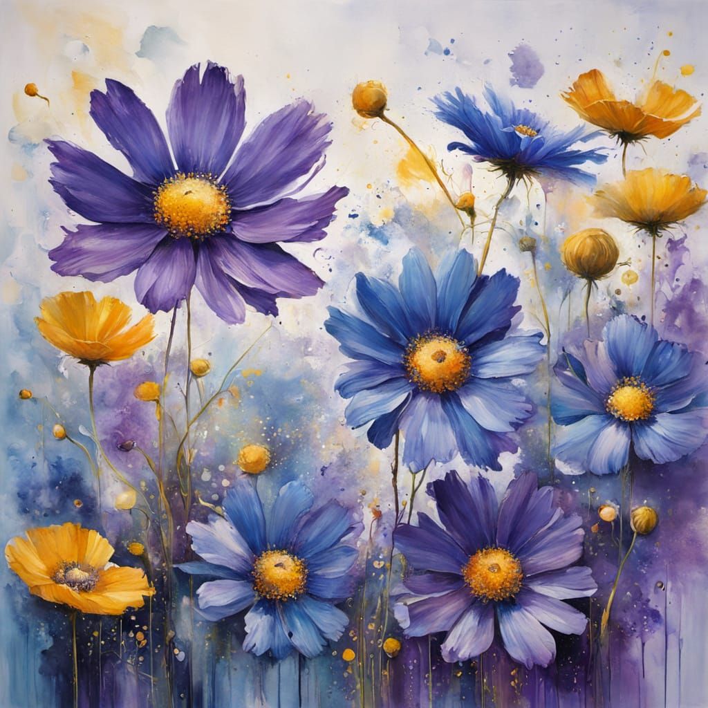 Surreal Cyberpunk Floral Painting with Purple and Gold Hues