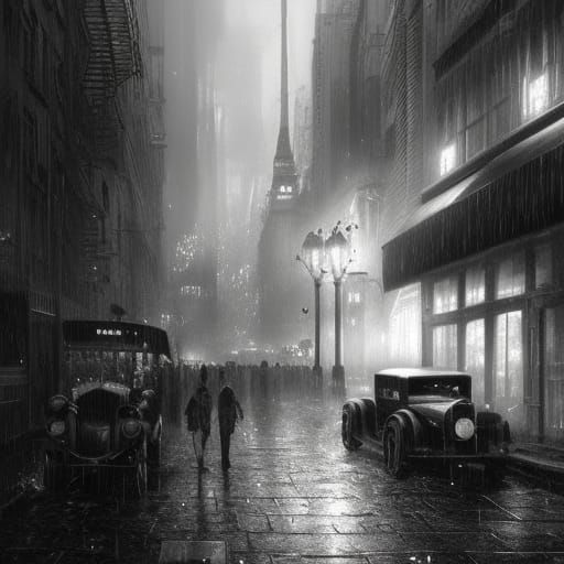 1920s Noir Cityscape in Atmospheric Black and White