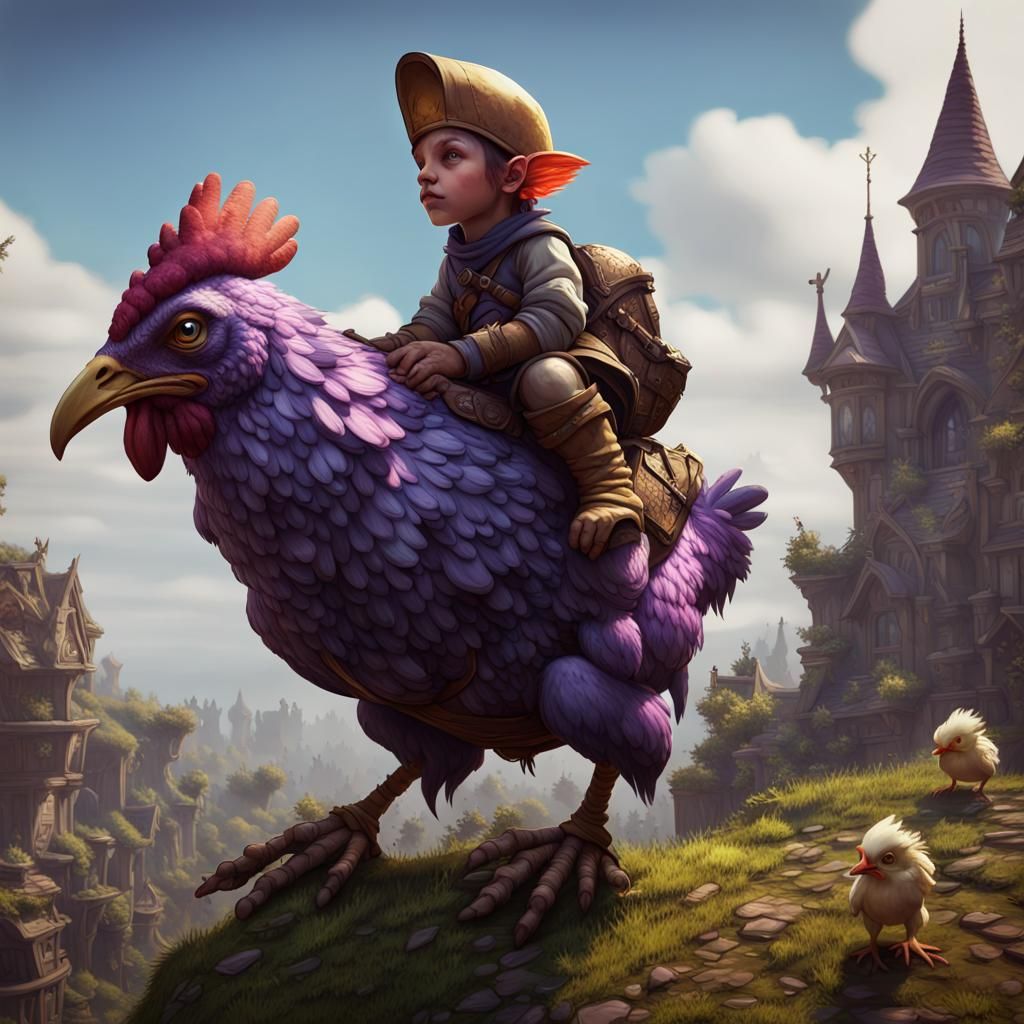 Goblin Rides Giant Chicken in Dark Fantasy Style