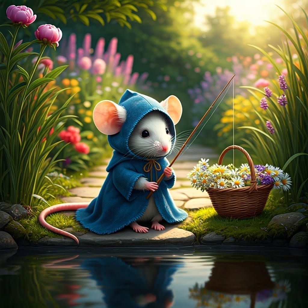 Create a detailed image of a little mouse fishing in a pond surrounded by a lush garden. The mouse has soft white fur, l...