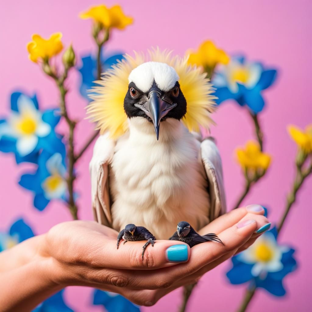 Smiling Baby Crow with Flowers