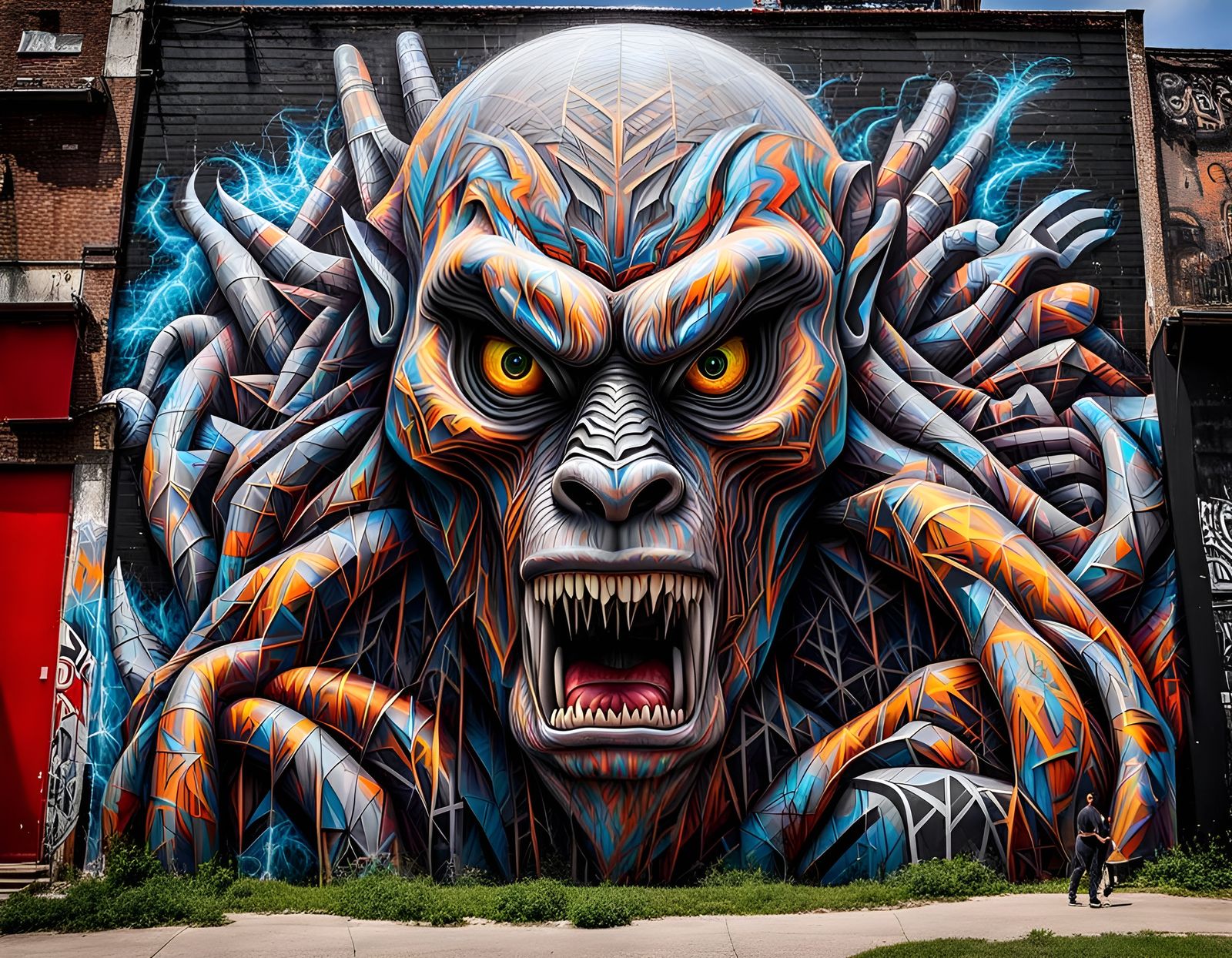 Ultra HD scary face graffiti mural