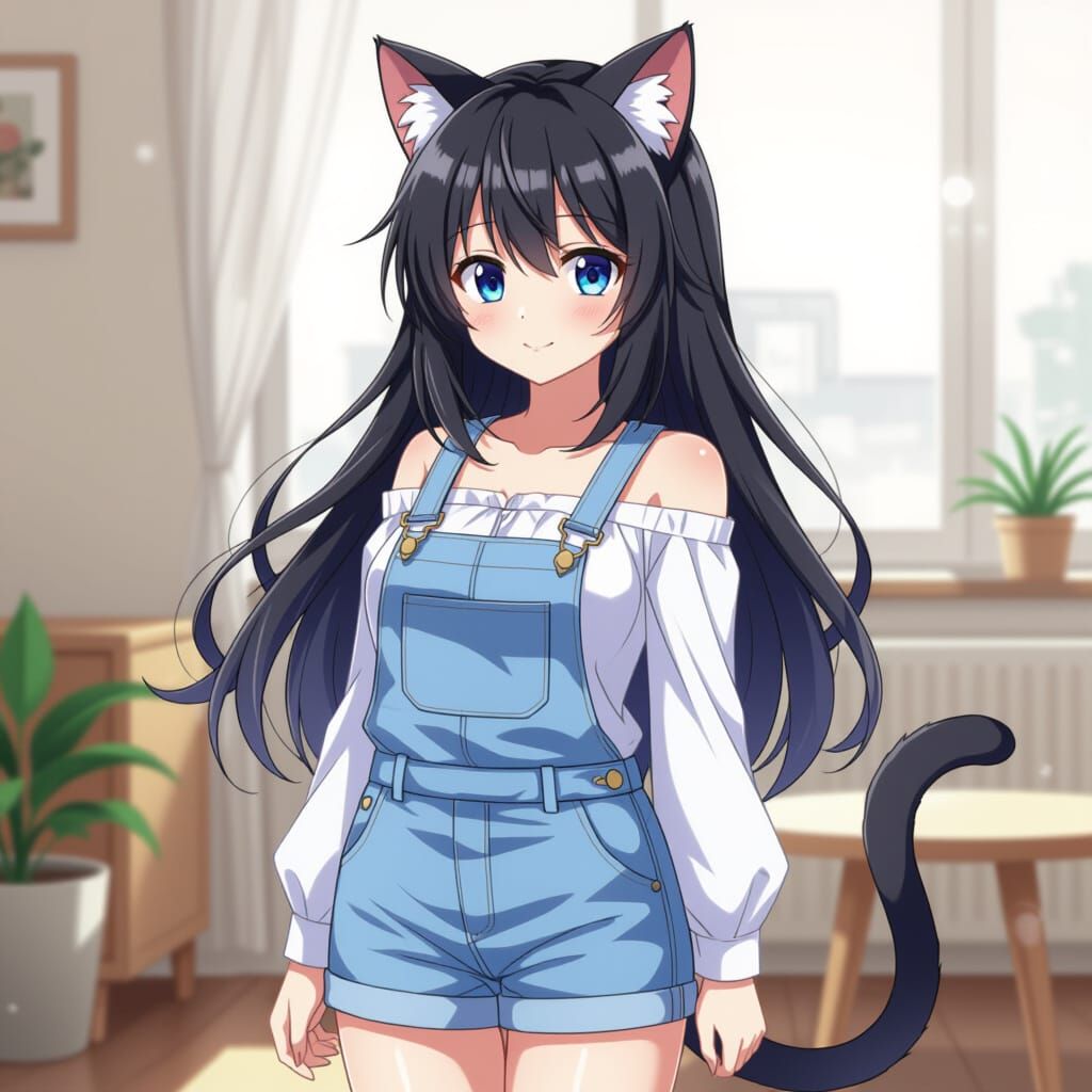 Anime Girl with Cat Ears in Denim Dungarees