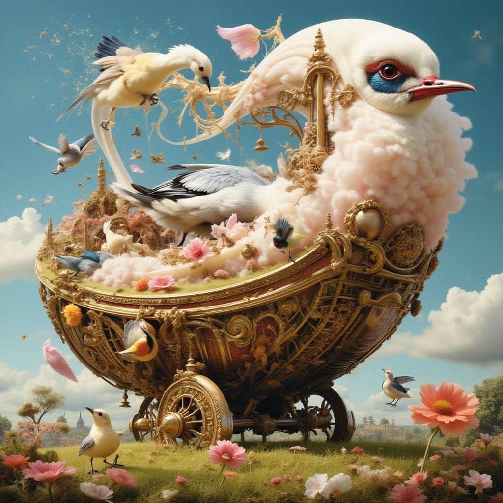 Ornate Feather-Lined Cannon Launches Birds in Meadow