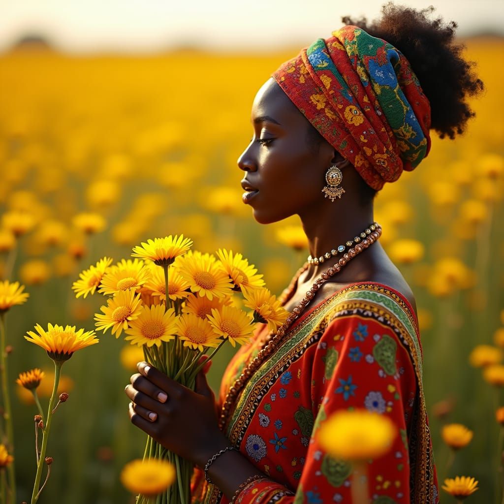 Ethiopian Woman with Yellow Flowers in Hyper-Realistic Style