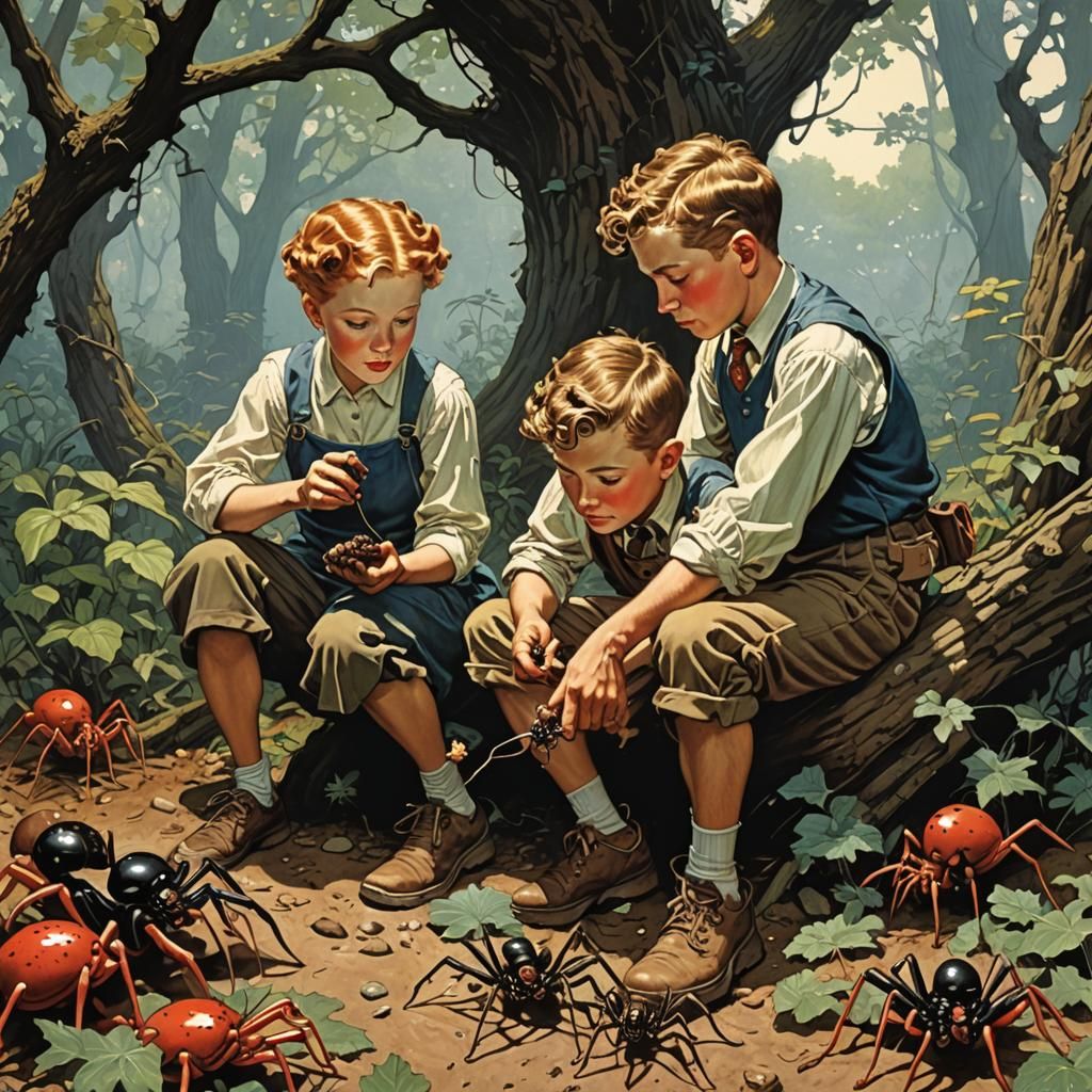 Children Feeding Spiders: Surreal Comic Art