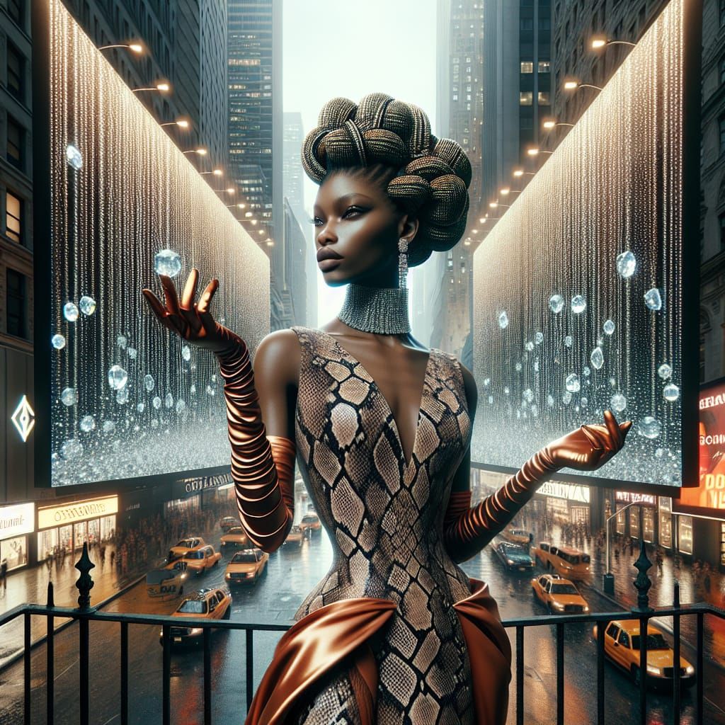 Couture Black Woman in Diamond Rain: Hyperrealistic