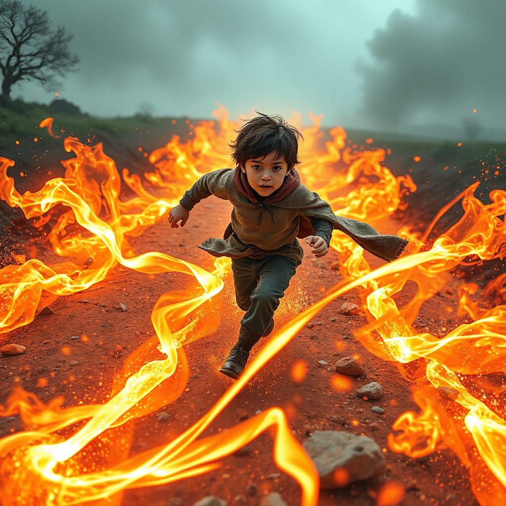 Determined Boy Runs Along Blazing Runway with Magical Energy