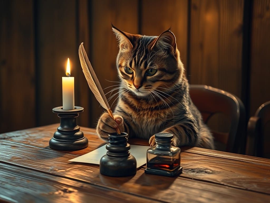 Whimsical Cat Writes by Candlelight in Rustic Study