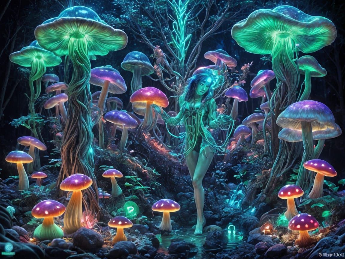Bioluminescent Mushrooms in Neon Colors Glow
