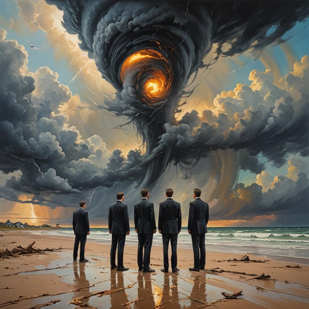 Surreal Men in Black Watching Tornado