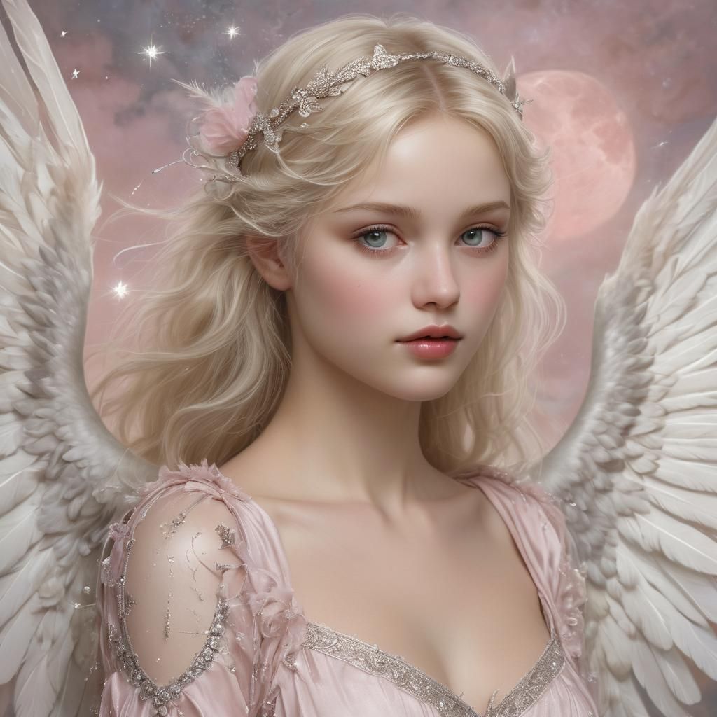Dreamy Angel with White Wings and Moonlit Sky