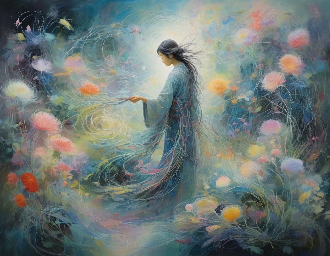 Dream Weaver in Expressionist Garden, Pastel Hues