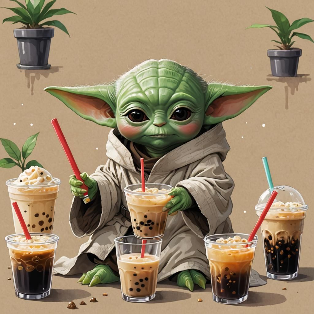 Baby Yoda drinking boba tea