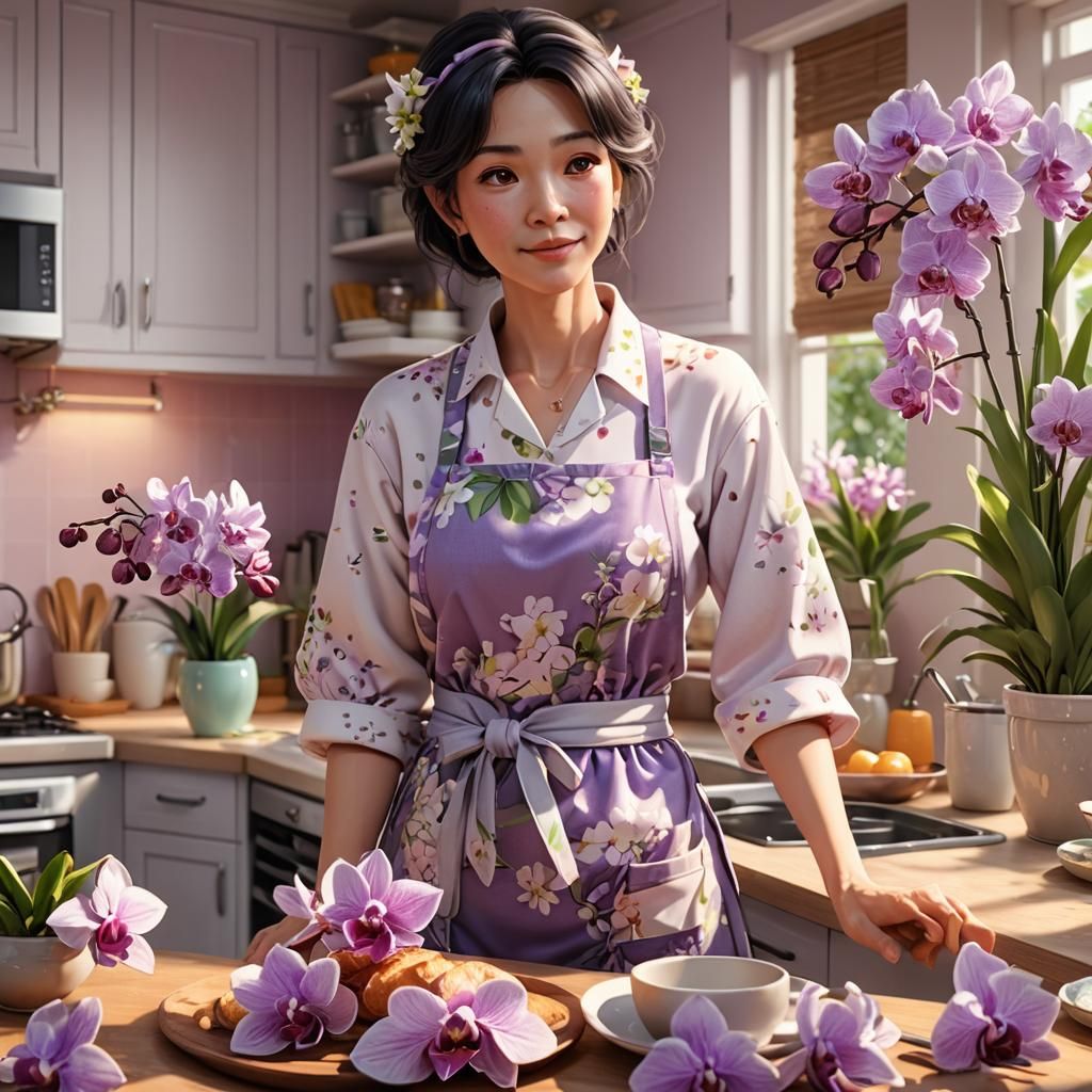 Loving Latin Mom Surrounded by Orchids in Anime Style