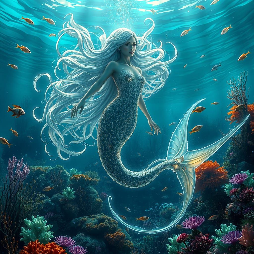 Underwater Siren in Art Nouveau-Inspired, 3D Rendered Scene