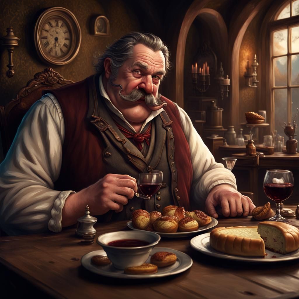 Fantasy Innkeeper Enjoying a Meal, Detailed Matte Painting