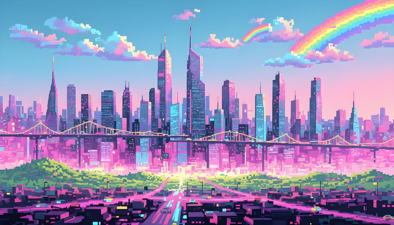 Futuristic Cityscape with Rainbows in Pixel Art Style