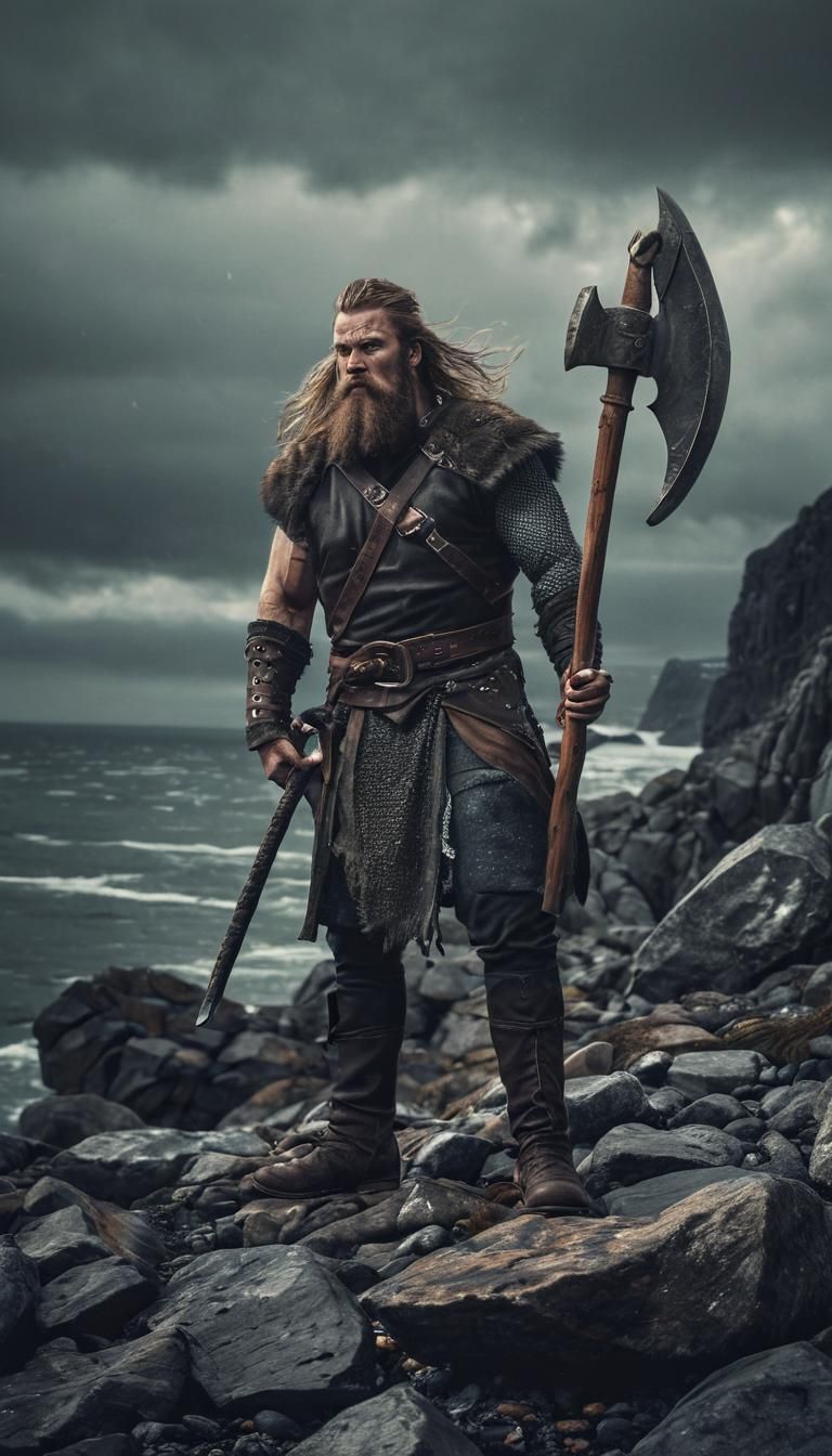 A burly Viking warrior standing on the rocky shores of Scand...