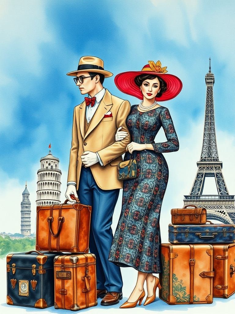 Vintage Glamour Couple in Whimsical Cityscape