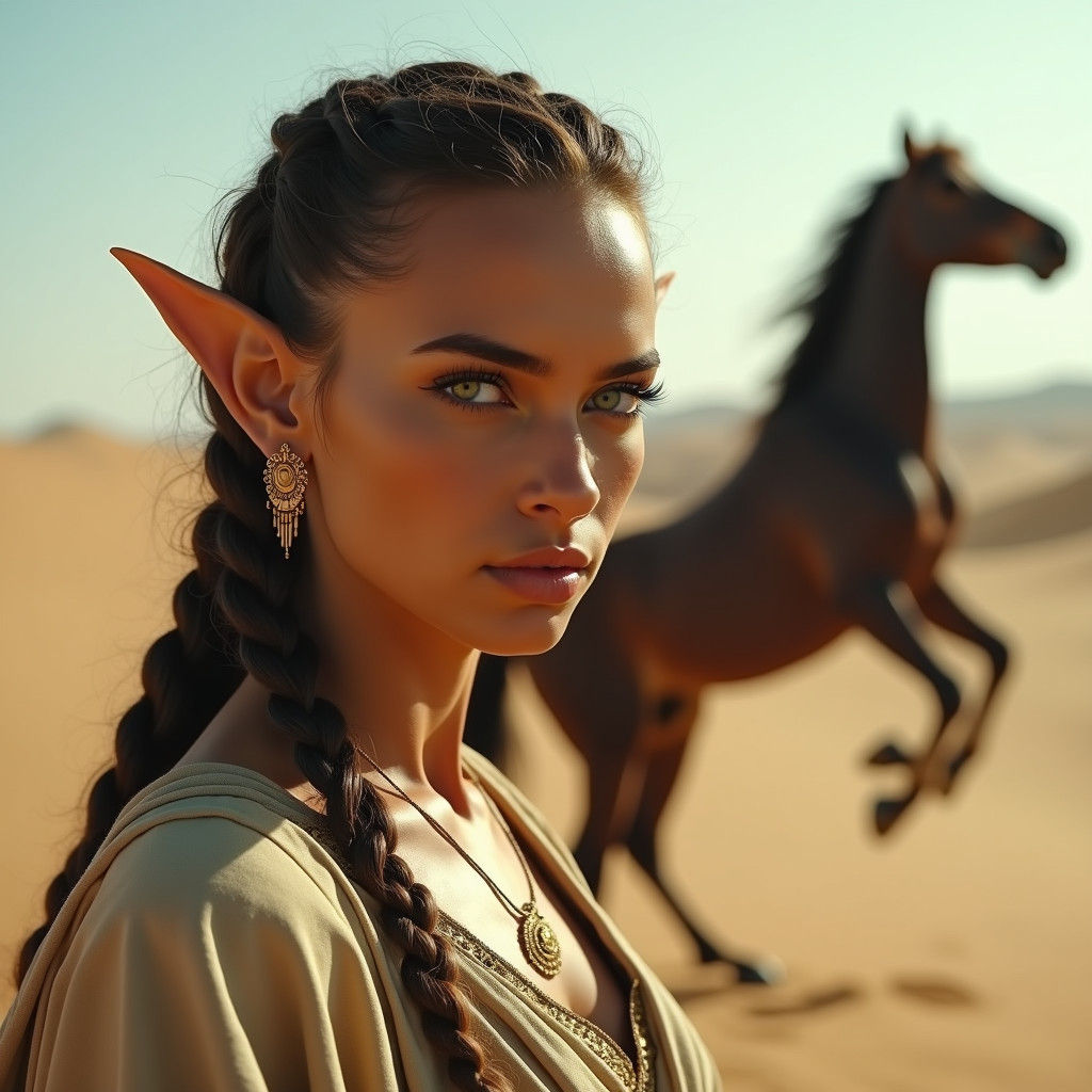 Fierce Arabic Woman with Horse in Fantasy Desert