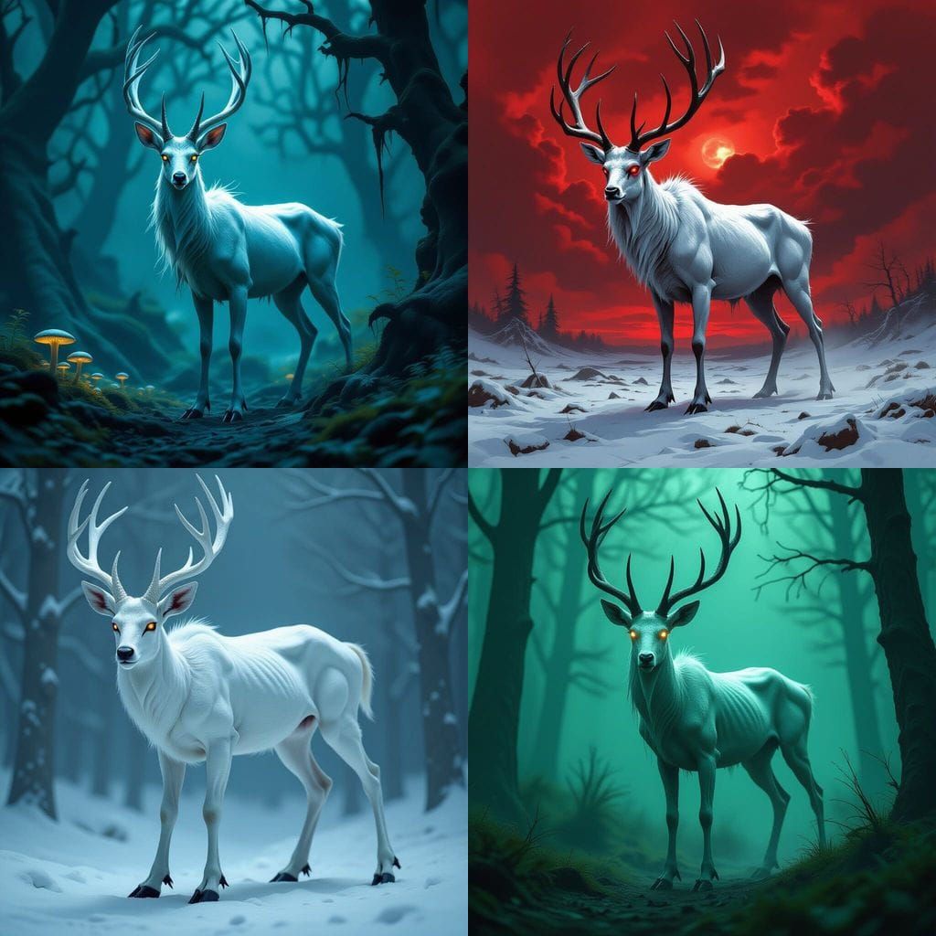 Emaciated White Deer With Black Eyes and Claw Hooves