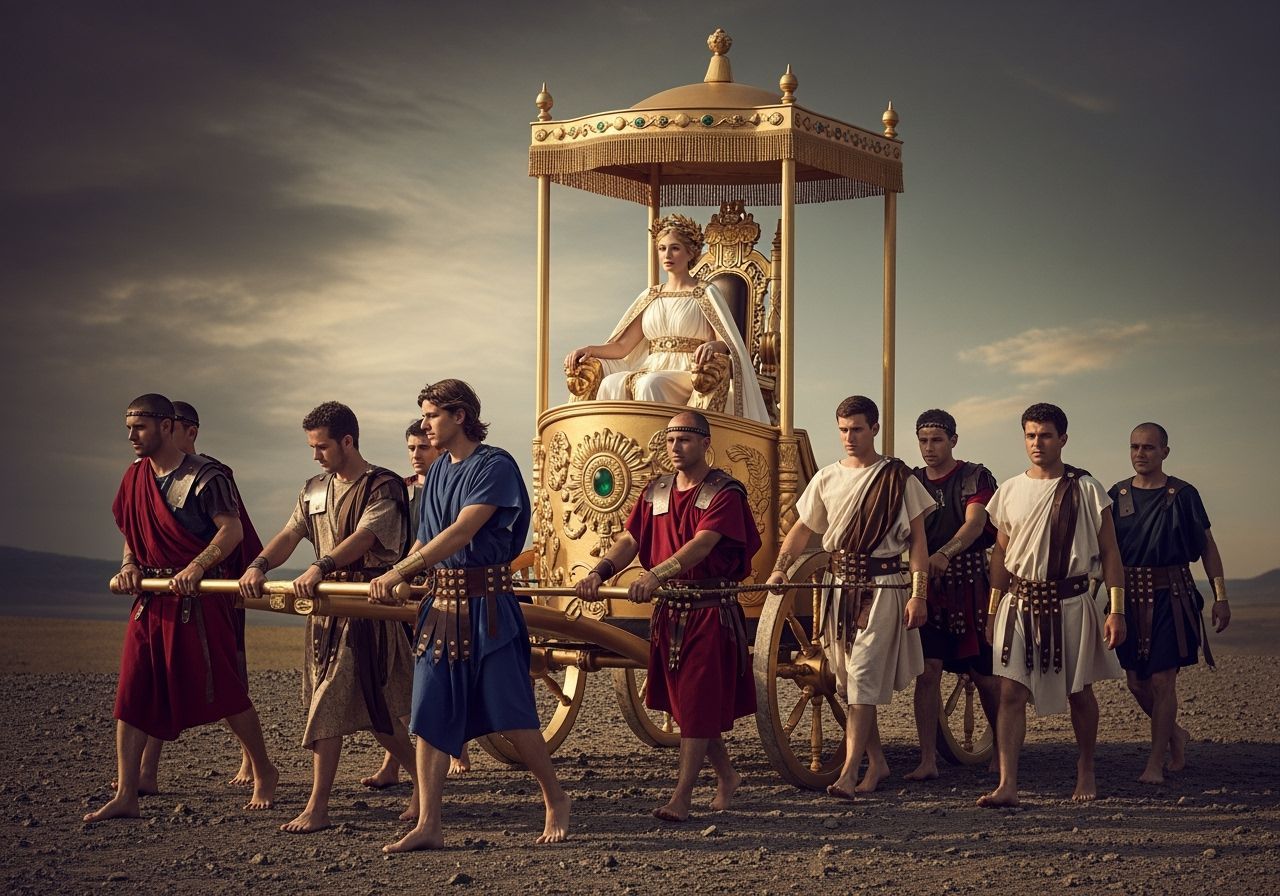 Regal Roman Empress on Gold Chariot Throne