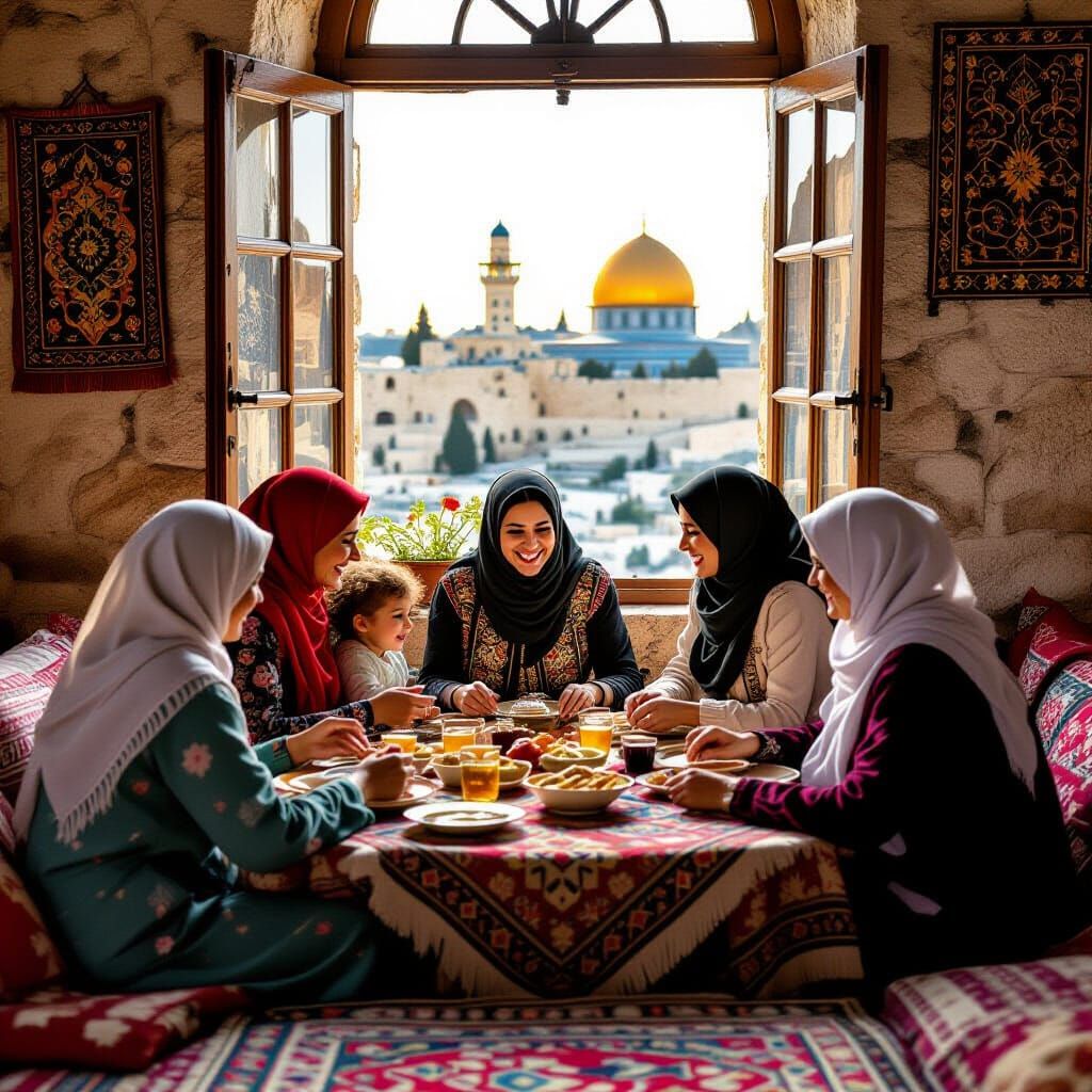 Palestinian Family Gathering in Jerusalem, Rockwell Inspired