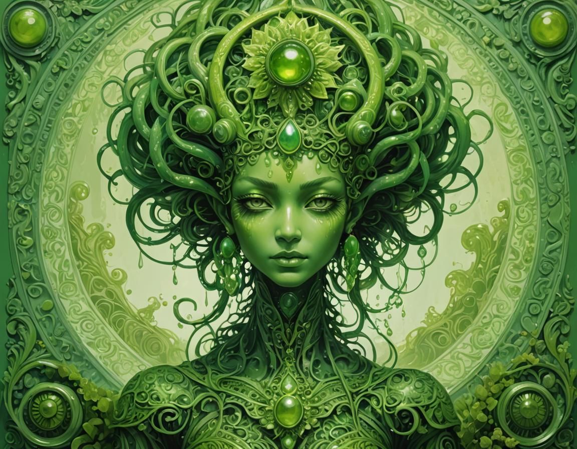 Monochromatic Green Goddess Portrait with Fractal Tentacles