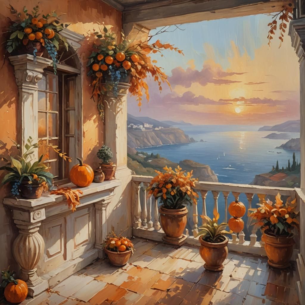 Cozy Grecian Balcony Overlooking Ocean as Impasto Painting